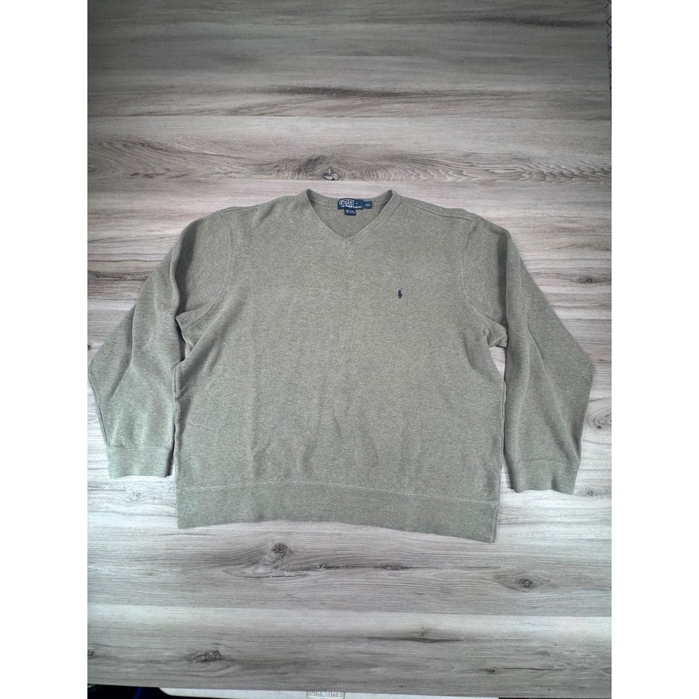 VTG Polo Ralph Lauren Mens XXL Olive Green V-Neck 100% Cotton Pullover Sweater